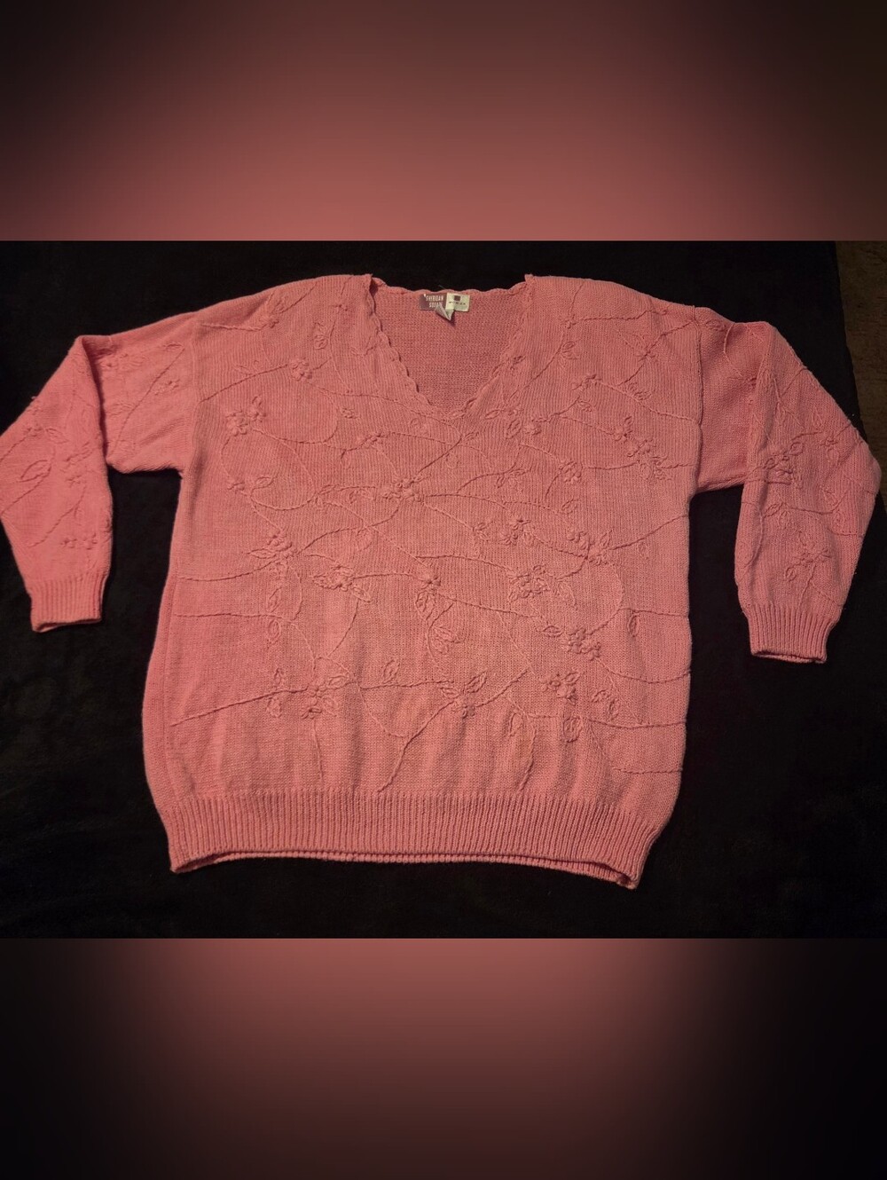 Vtg Sheridan Square Pink V-Neck Floral Textured Knit Ramie Blend Sweater 20W